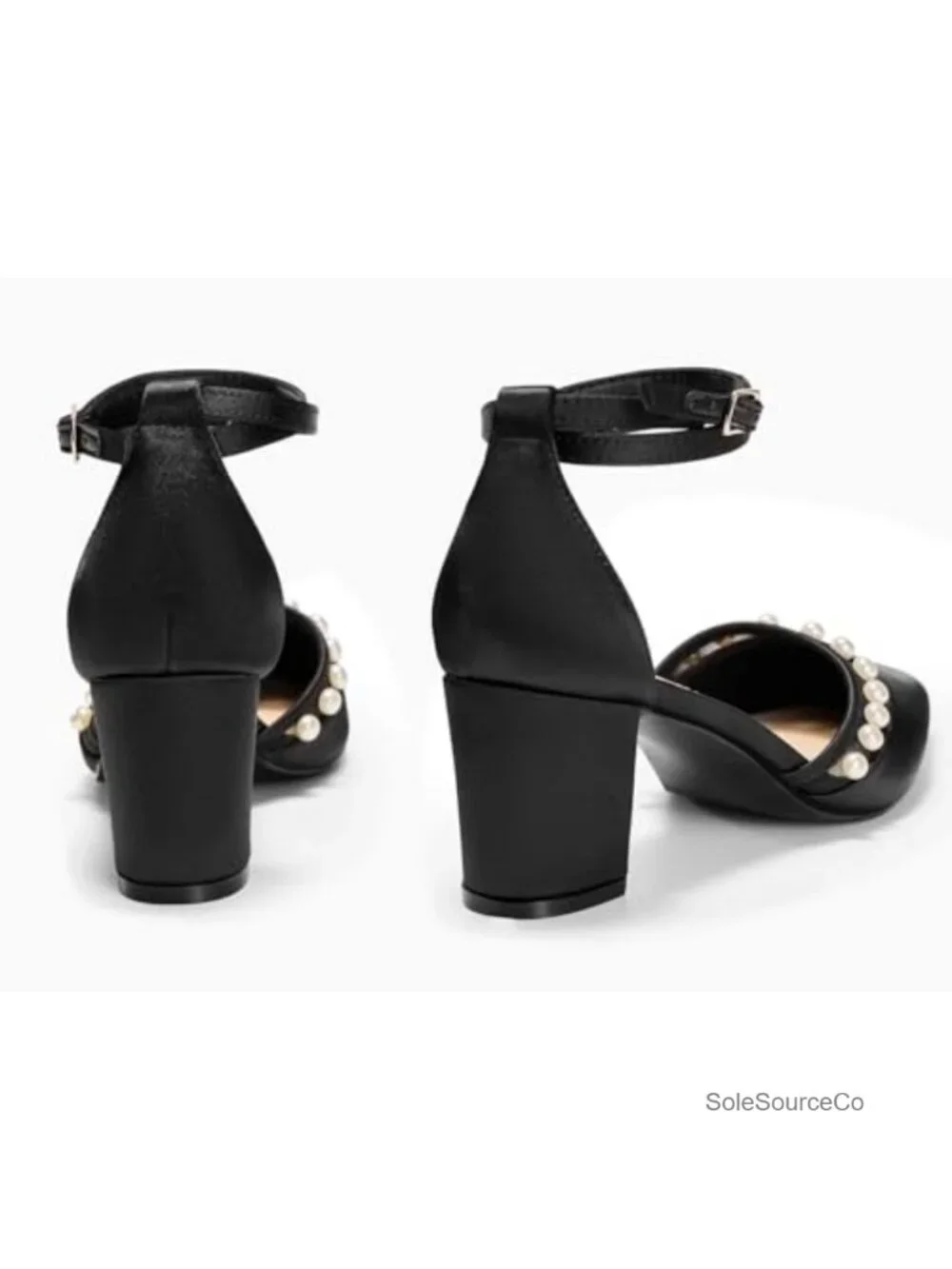 Pearl Embellished Satin Chunky Heel Pumps Pointed Toe Ankle Strap Wedding Shoes
